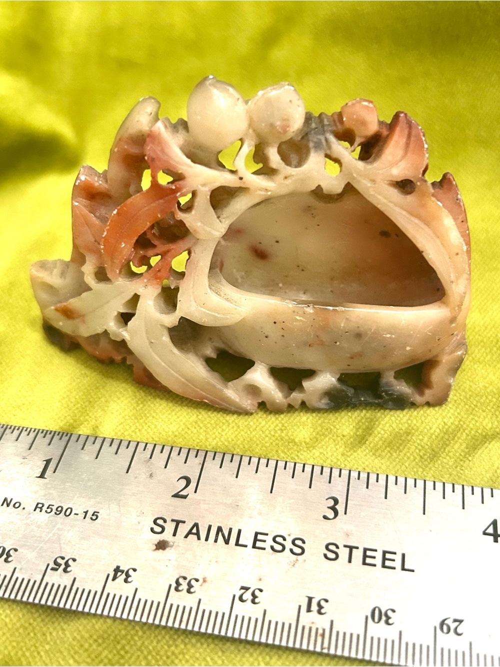 2 Vintage Hand Carved Soapstone Figurines Monkey Floral Trinket Dish/ Reservoirs